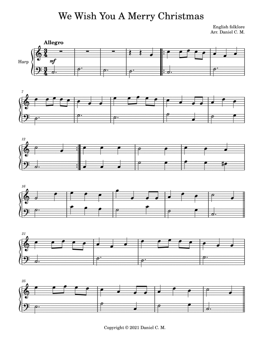 We Wish You A Merry Christmas for harp (easy) (arr. Daniel C. M.)
