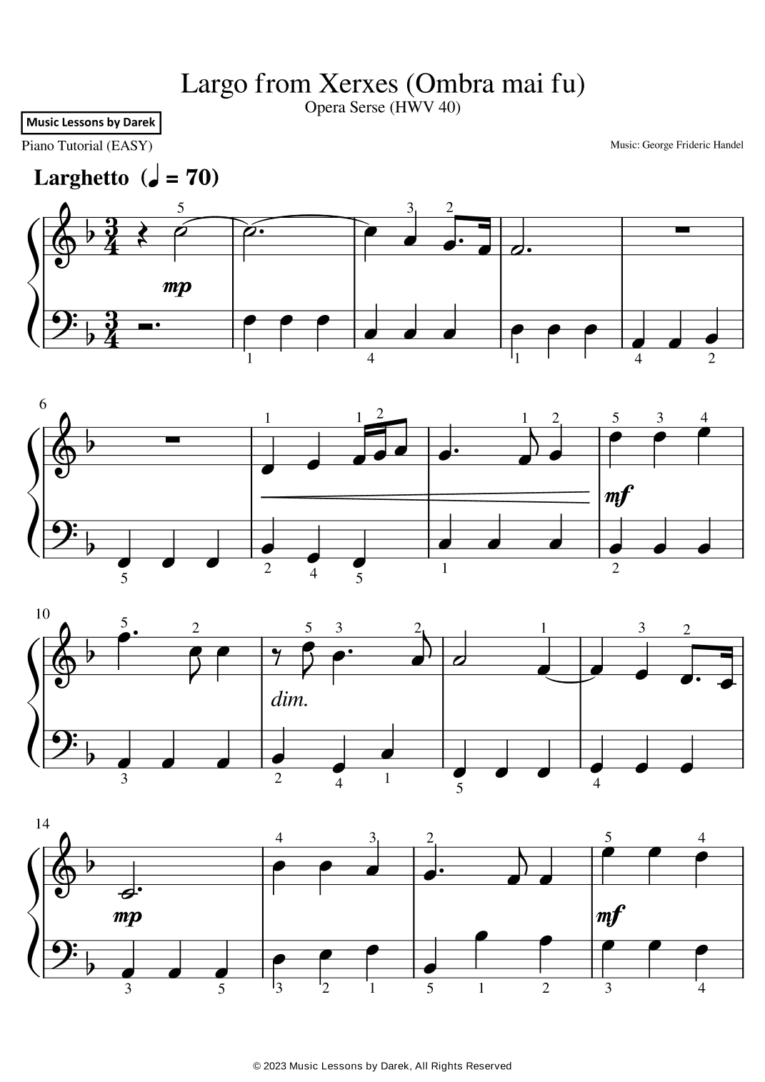 Largo from Xerxes (Ombra mai fu) (EASY PIANO) Opera Serse (HWV 40) [George Frideric Handel] (arr. Darek)