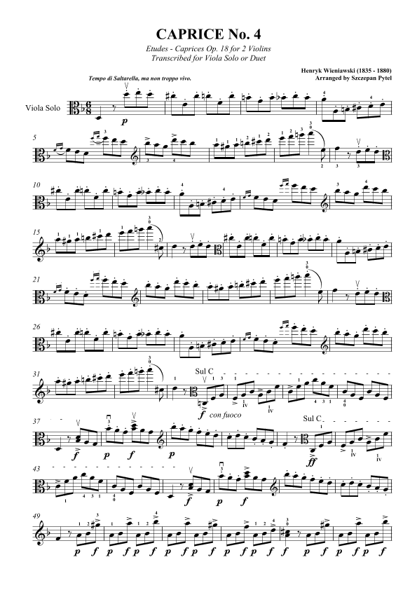 H. Wieniawski Caprice no. 4 op. 18 for Viola Solo or 2 Violas (viola duet) (arr. Szczepan Pytel)