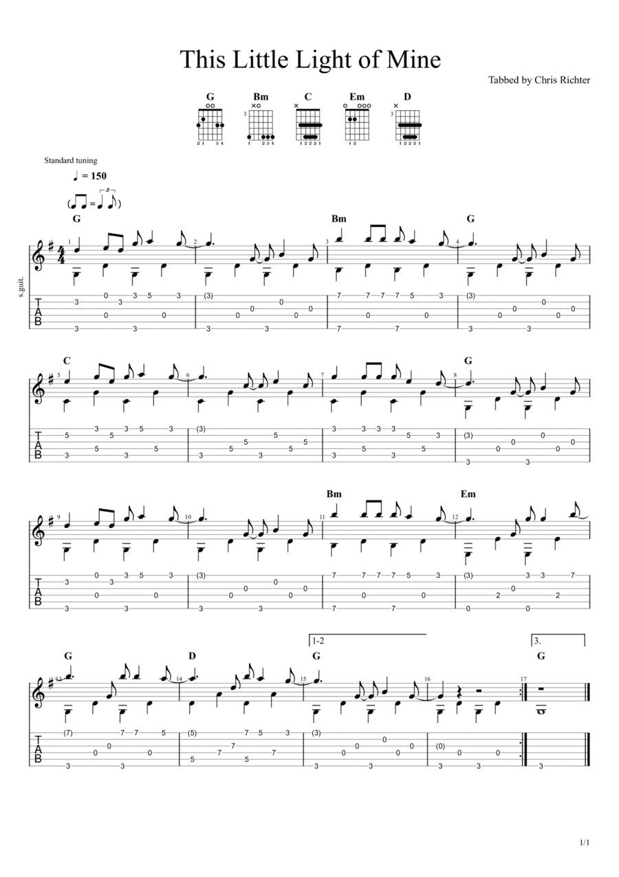 This Little Light of Mine (Solo Fingerstyle Guitar Tab) (arr. Chris Richter)