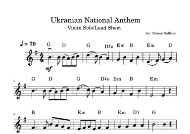 Ukrainian National Anthem/State Anthem of Ukraine - Easy violin solo/lead sheet (arr. Sharon Sullivan)