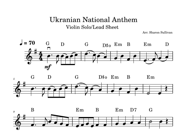Ukrainian National Anthem/State Anthem of Ukraine - Easy violin solo/lead sheet (arr. Sharon Sullivan)