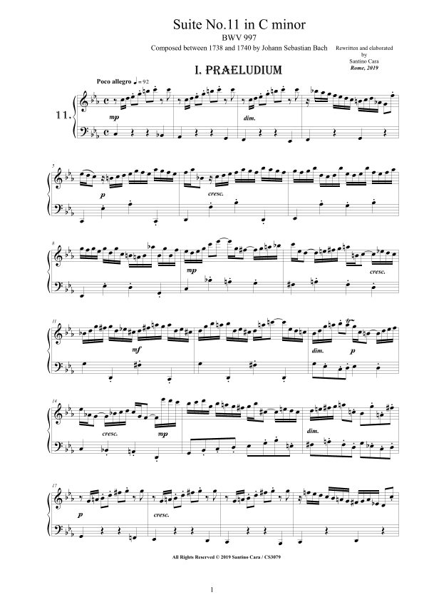 Bach - Piano Suite No.11 in C minor BWV 997 - Complete Piano version (arr. Santino Cara)