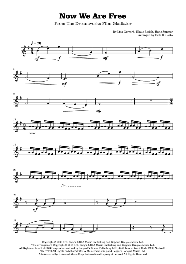 Now We Are Free (arr. Erik B. Costa)