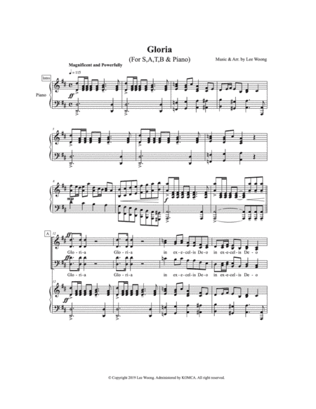 Gloria(For S,A,T,B & Piano) - (Music by Lee Woong)