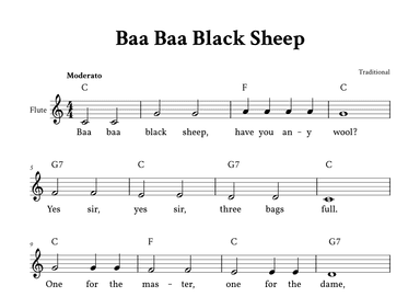 Baa Baa Black Sheep - Easy Flute (C Major - with Chords and Lyrics) (arr. Yuri Noronha)
