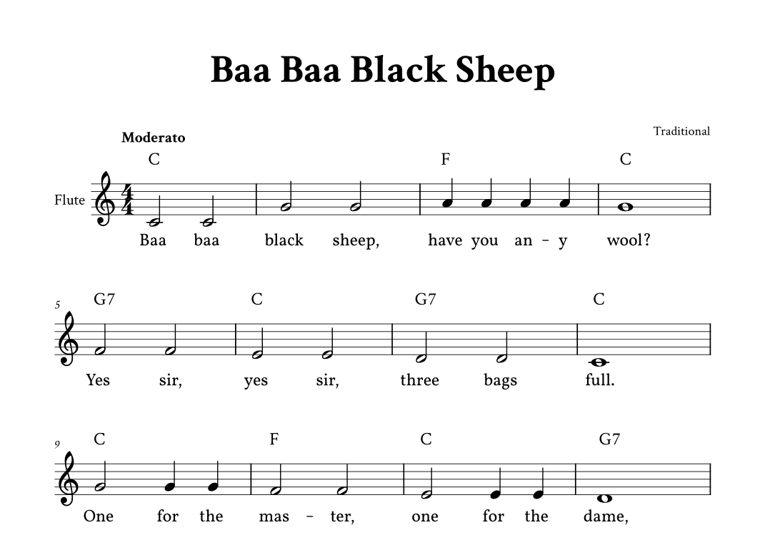 Baa Baa Black Sheep - Easy Flute (C Major - with Chords and Lyrics) (arr. Yuri Noronha)