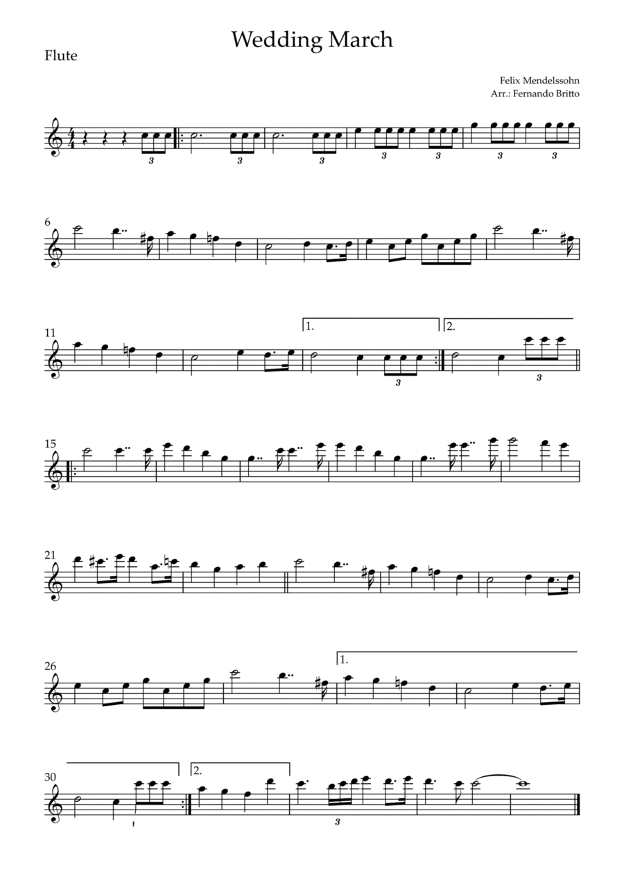 Wedding March (Felix Mendelssohn) for Flute Solo (arr. Fernando Britto)