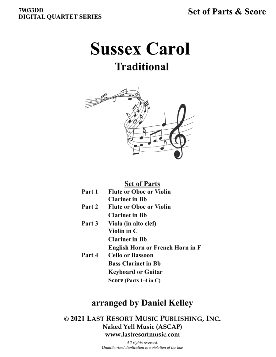Sussex Carol for String Quartet or Wind Quartet (Mixed Quartet, Double Reed Quartet, or Clarinet Qua (arr. Last Resort Music Publishing)