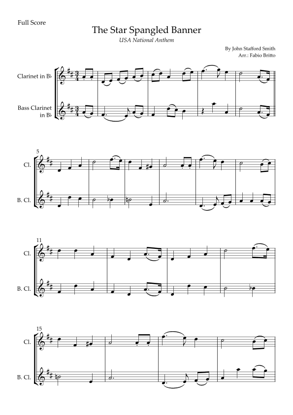 The Star Spangled Banner (USA National Anthem) for Clarinet in Bb & Bass Clarinet in Bb Duo (arr. Fabio Britto)