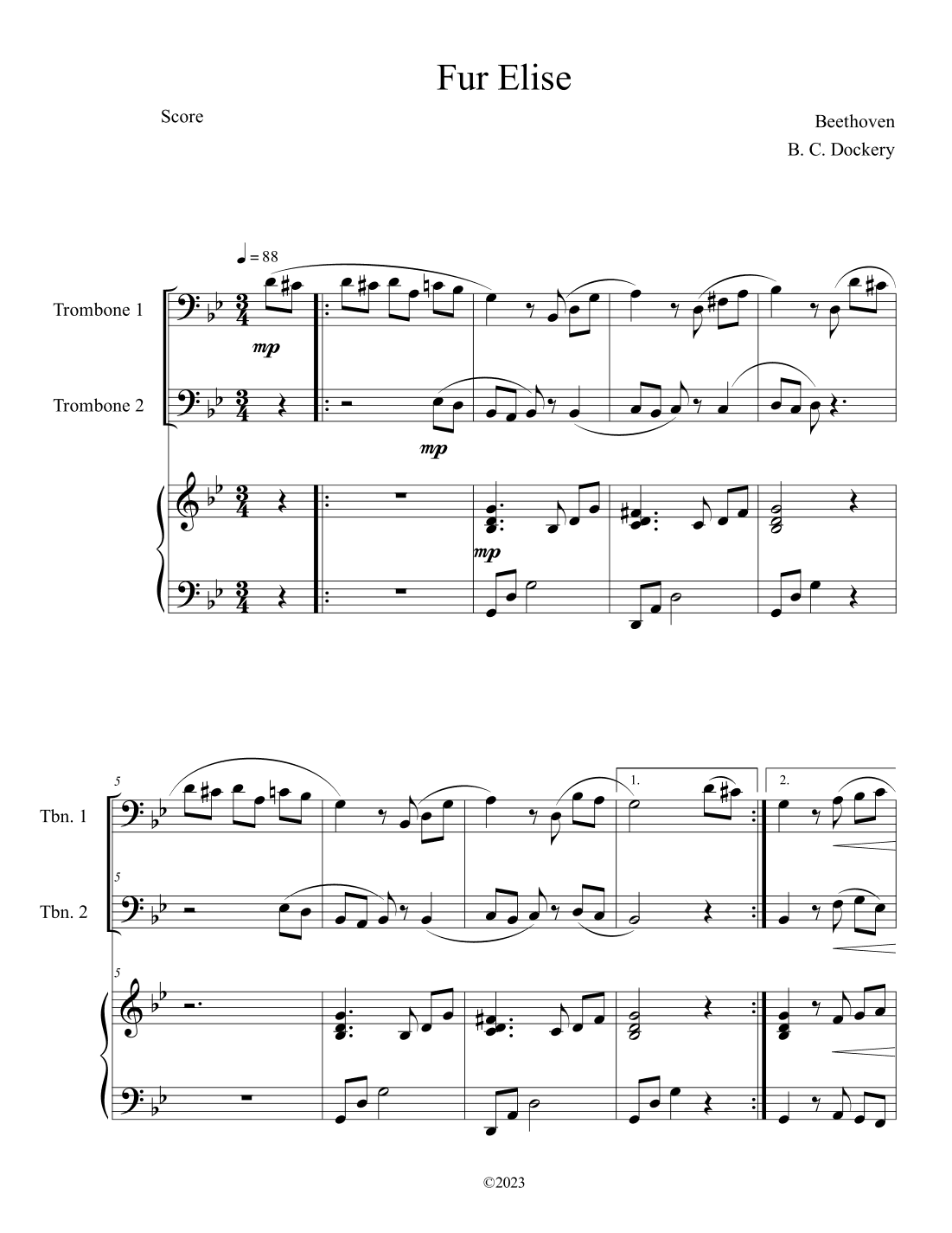 Fur Elise (Trombone Duet with Piano Accompaniment) (arr. B. C. Dockery)