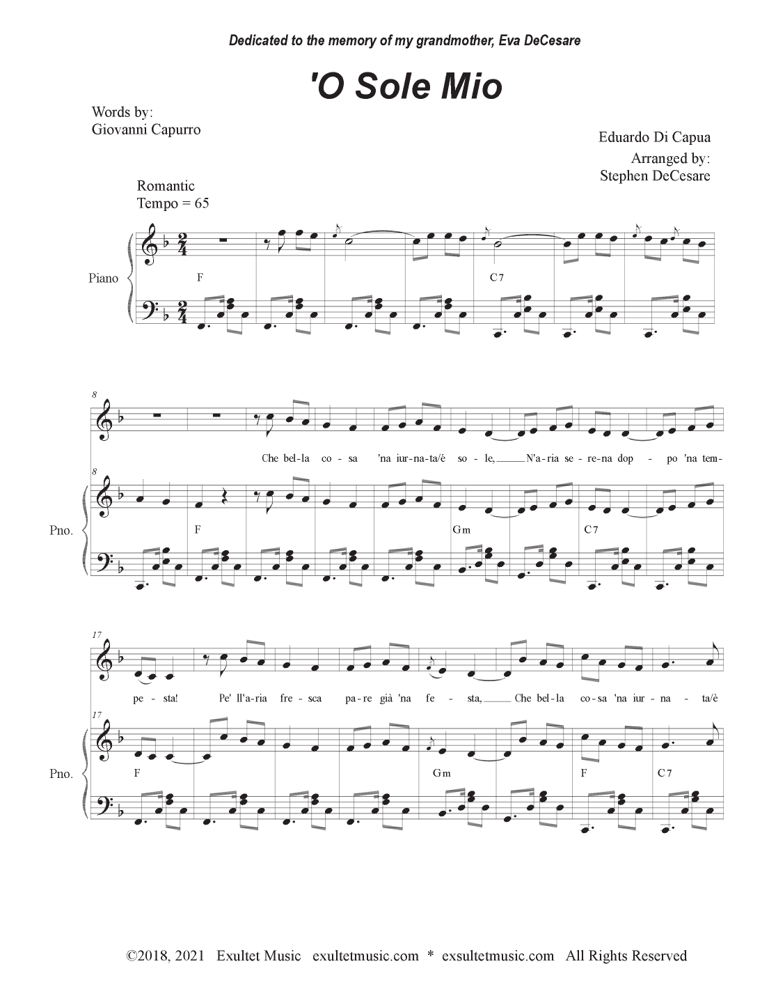 O Sole Mio (Vocal solo - High Key) (arr. Stephen DeCesare)