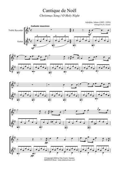 O Holy Night / Cantique de noel for treble recorder and guitar (arr. K. Krantz)