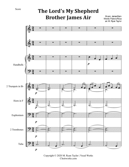 The Lord's My Shepherd (Brother James' Air) for 2-part Choir (opt. Unison), Brass & Handbells (arr. M. Ryan Taylor)