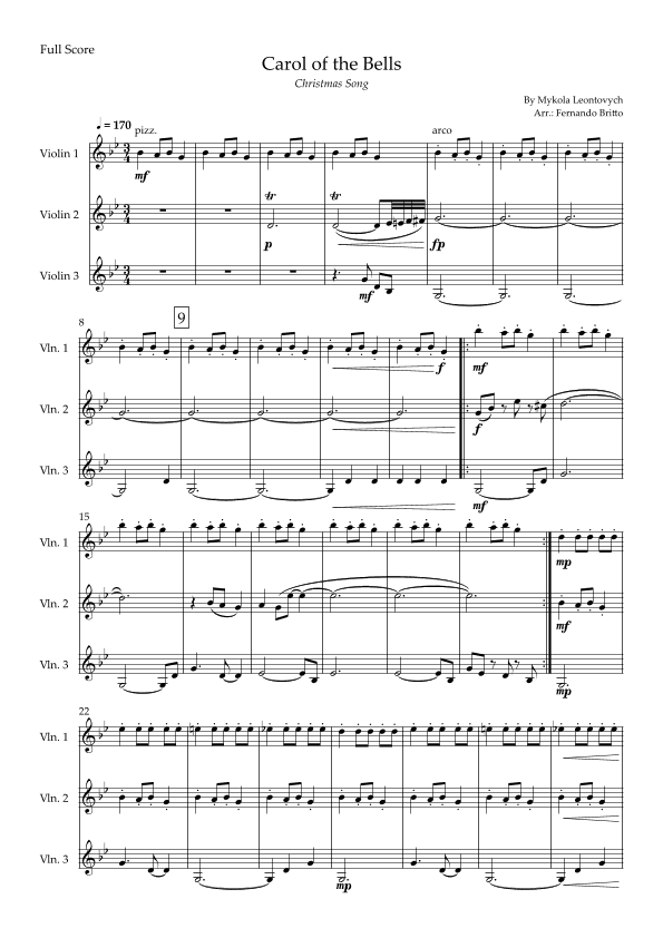 Carol of The Bells - Jazz Version (Christmas Song) for Violin Trio (arr. Fabio Britto)