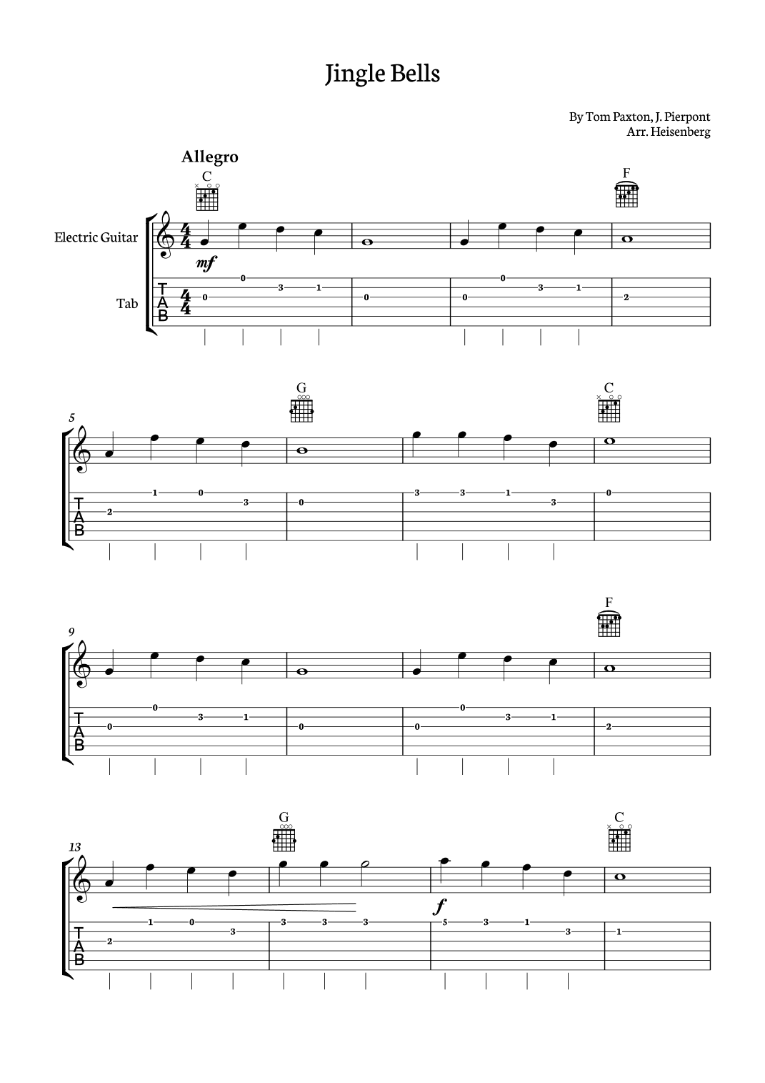 Jingle Bells for Electric Guitar with chords (arr. Heisenberg)