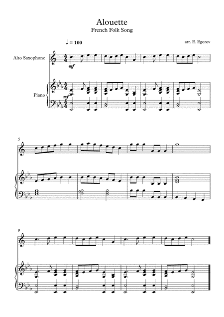 Alouette, French Folk Song, For Alto Saxophone & Piano (arr. Eugene Egorov)
