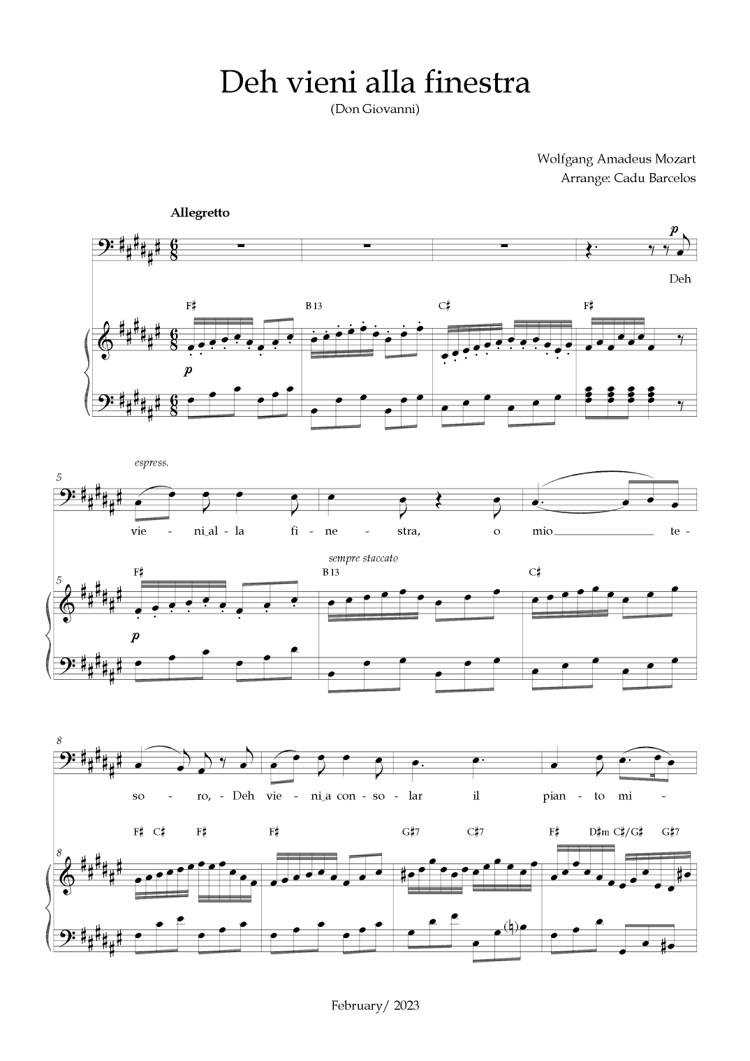 Deh vieni alla finestra (Don Giovanni) Mozart - F# Major Chords (BASS) (arr. Cadu Barcelos)
