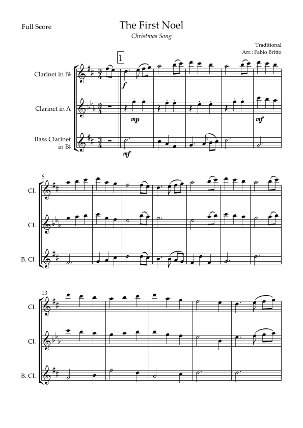 The First Noel (Christmas Song) for Clarinet Trio (arr. Fabio Britto)