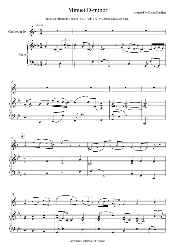 Minuet in D-minor (clarinet & piano) (arr. David Kocijan)