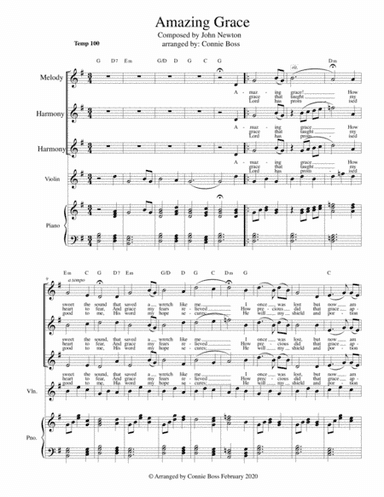 Amazing Grace - vocal trio, violin and piano in key of G - higher range (arr. Connie Boss)