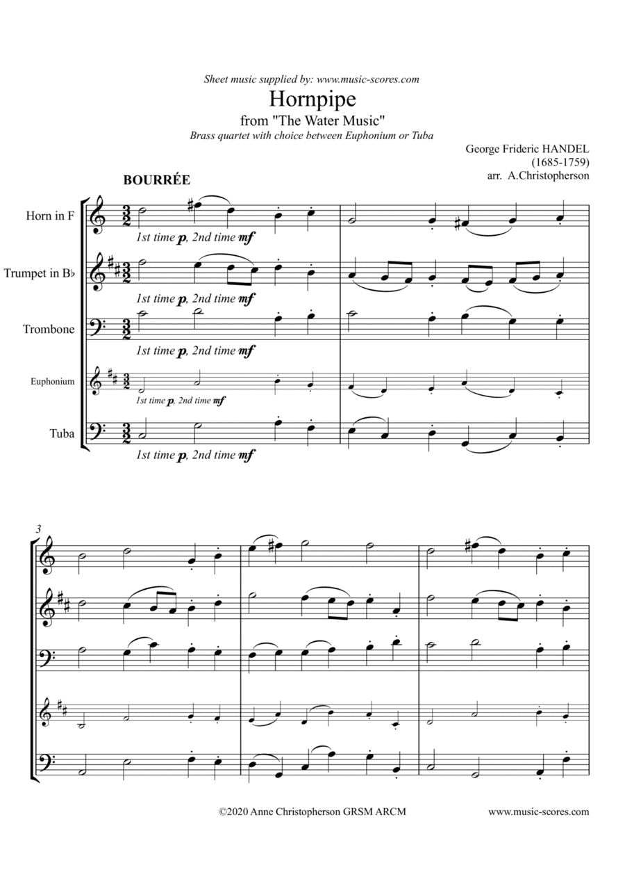 Hornpipe from the Water Music - Brass Quartet (French Horn, Trumpet, Trombone, Euphonium or Tuba) (arr. Anne L Christopherson GRSM ARCM)