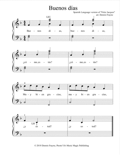 Buenos días (tune of Frère Jacques) (standard notation) (arr. Dennis Frayne)