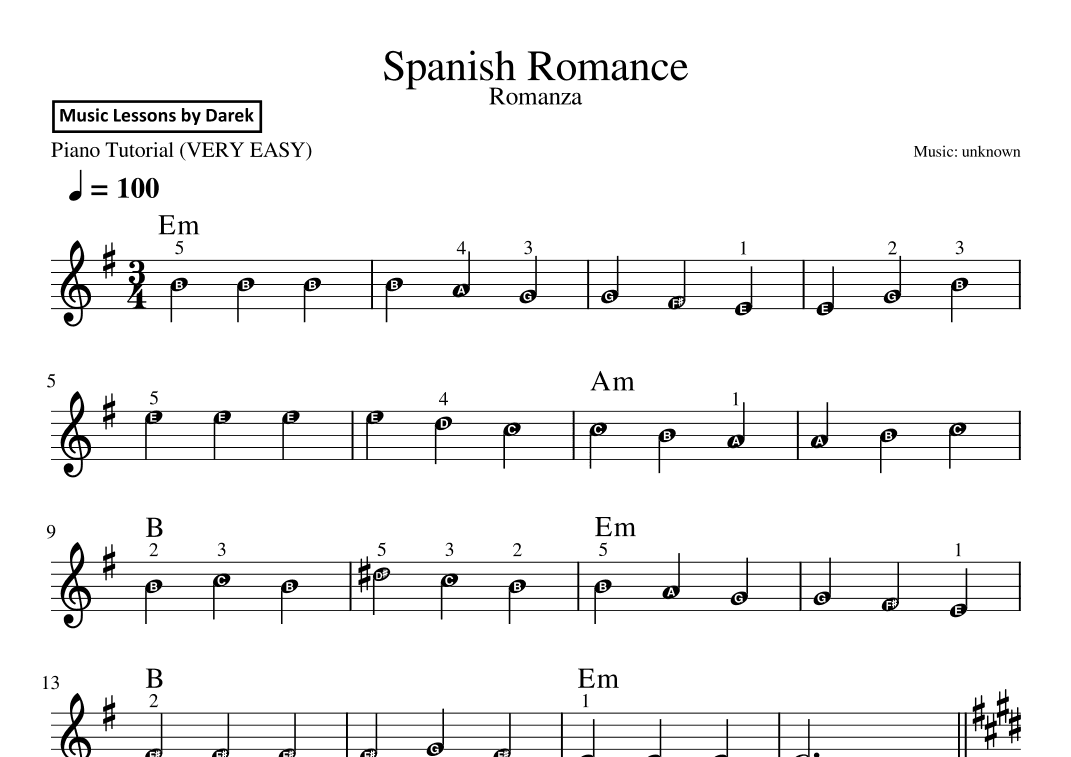 Spanish Romance / Romance d'Amour / Romanza (VERY EASY PIANO) (arr. Darek)