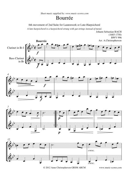 Bourrée - Clarinet and Bass Clarinet (arr. Anne L Christopherson GRSM ARCM)