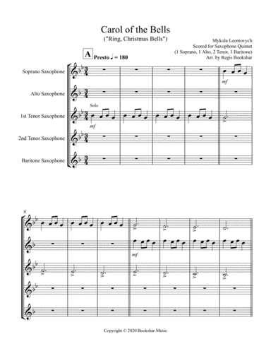 Carol of the Bells (F min) (Saxophone Quintet - 1 Sop, 1 Alto, 2 Ten, 1 Bari) (arr. Regis Bookshar)