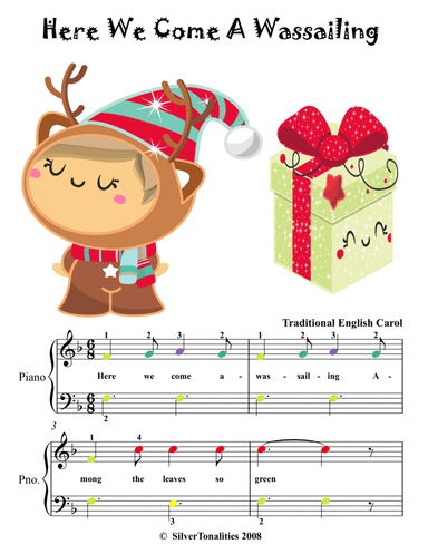 Here We Come A Wassailing Easy Piano Sheet Music with Colored Notes (arr. SilverTonalities)