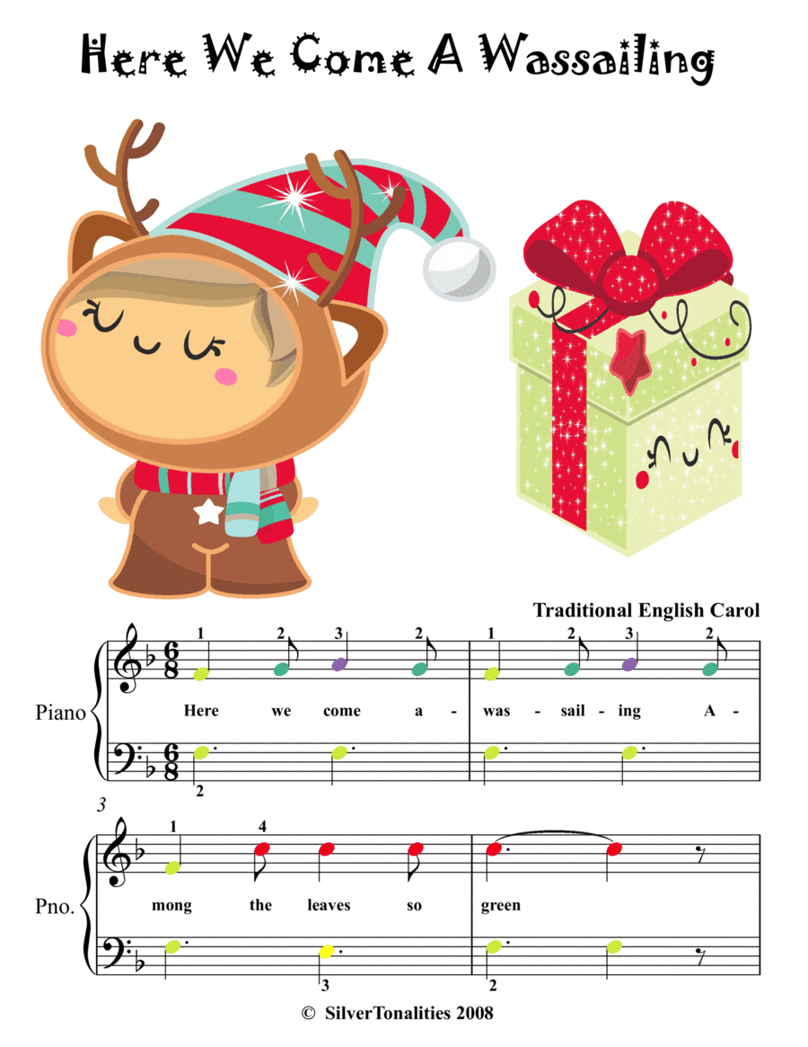 Here We Come A Wassailing Easy Piano Sheet Music with Colored Notes (arr. SilverTonalities)