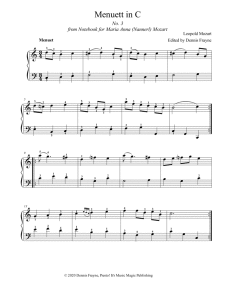 Menuett in C, No. 3 from Notebook for Maria Anna (Nannerl) Mozart (arr. Presto! It's Music Magic Publishing)