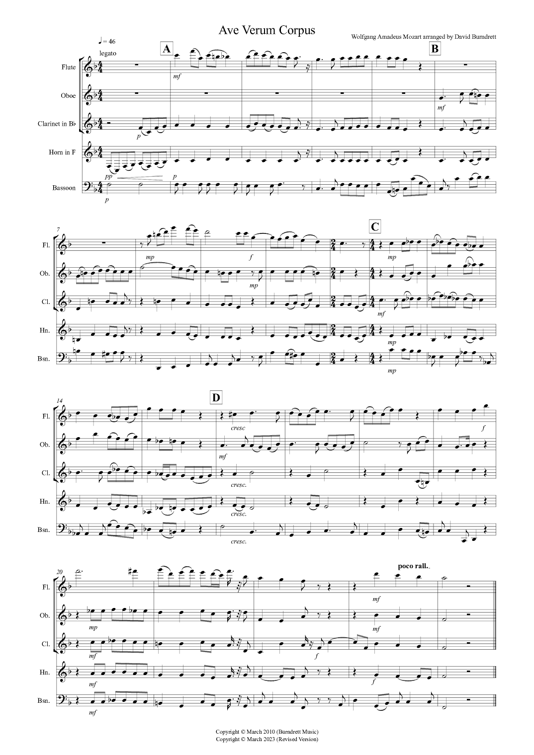 Ave Verum Corpus for Wind Quintet (arr. David Burndrett)