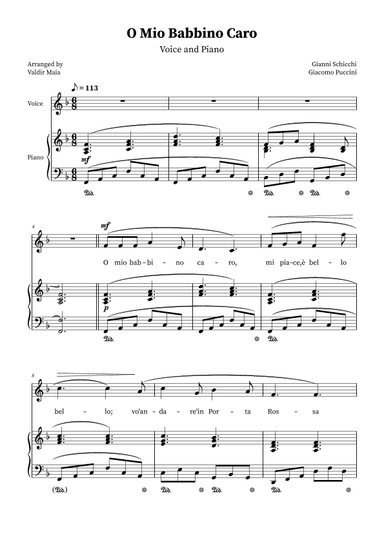 O Mio Babbino Caro - Female Voice in F Major (arr. Valdir Maia)