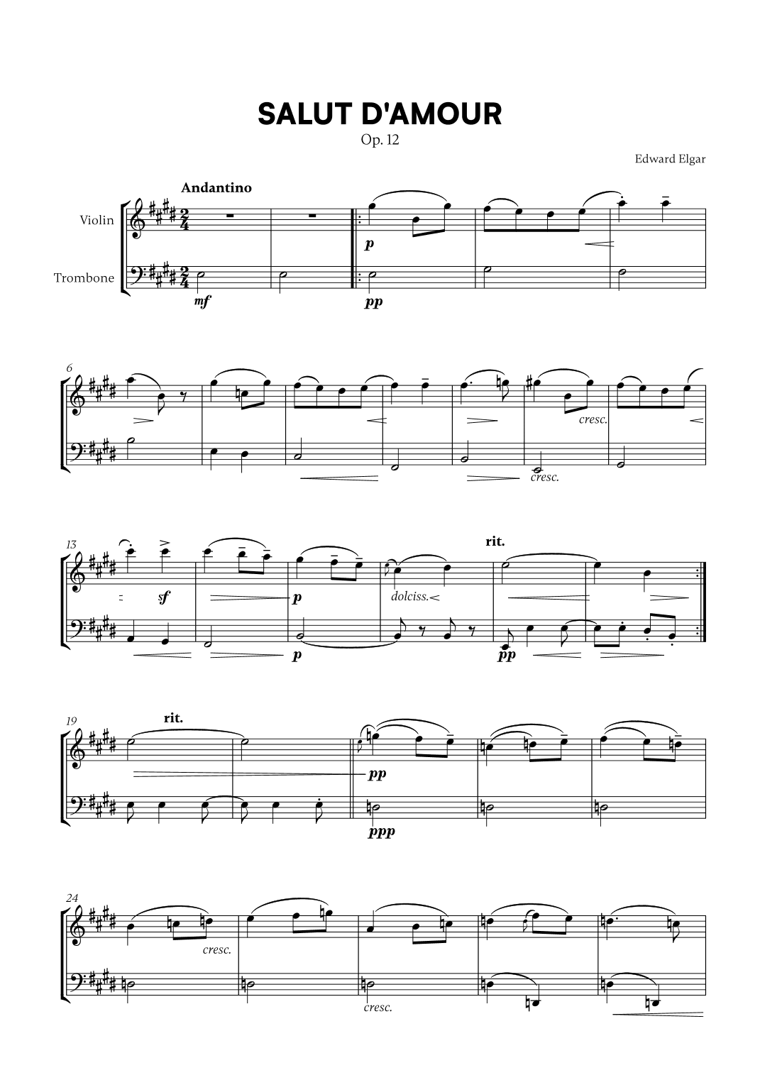 Edward Elgar - Salut d'Amour for Violin and Trombone (arr. Cadenza Editions)