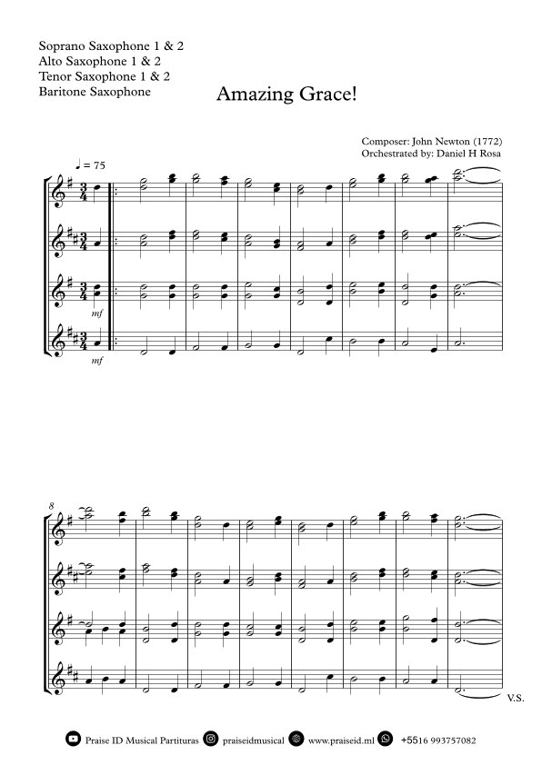 Amazing Grace How Sweet the sound - Easy Saxophone Quartet (arr. Daniel H Rosa)