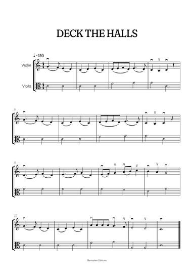 Deck the Halls for violin and viola duet • super easy Christmas song sheet music with bowings (arr. Benzaiten Editions)