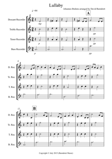 Brahms Lullaby for Recorder Quartet (arr. David Burndrett)