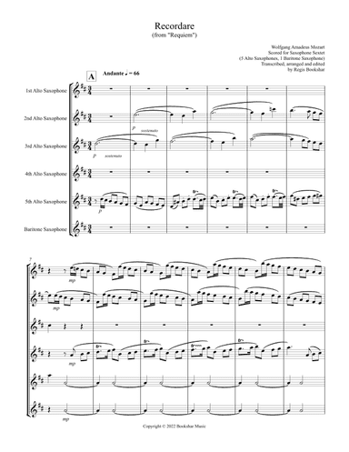 Recordare (from "Requiem") (F) (Saxophone Sextet - 5 Alto, 1 Bari) (arr. Regis Bookshar)
