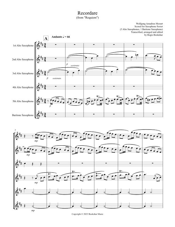 Recordare (from "Requiem") (F) (Saxophone Sextet - 5 Alto, 1 Bari) (arr. Regis Bookshar)