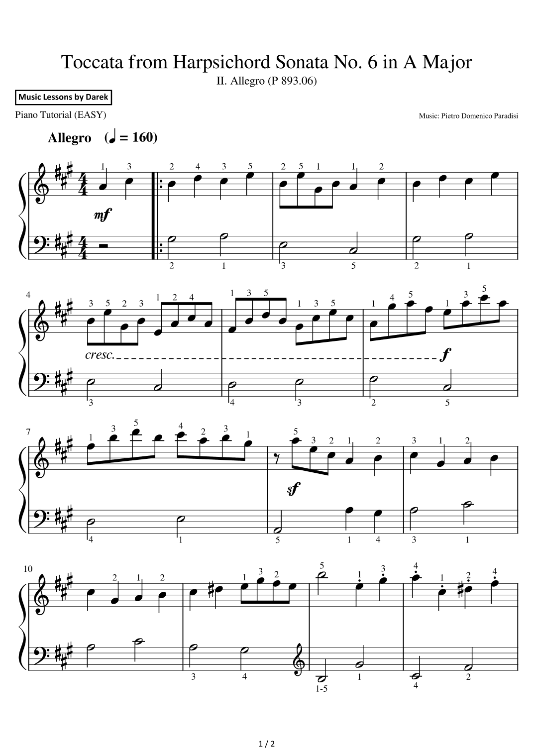 Toccata from Harpsichord Sonata No. 6 in A Major (EASY PIANO) II. Allegro (P 893.06) (arr. Darek)