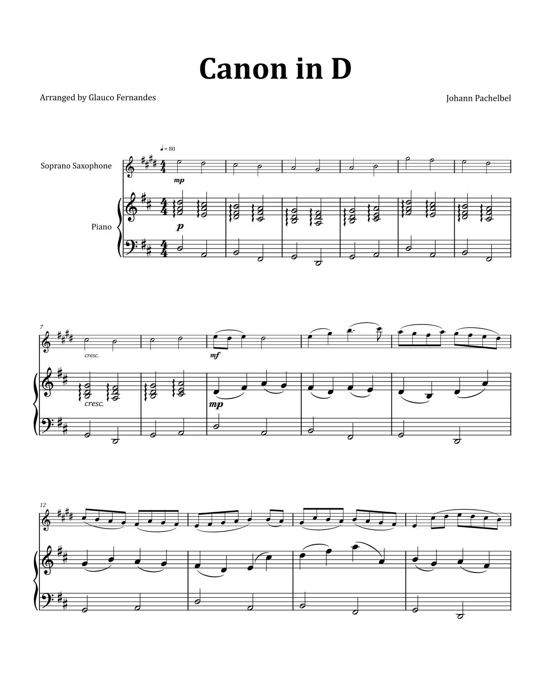 Canon by Pachelbel - Soprano Saxophone & Piano (arr. Glauco Fernandes)