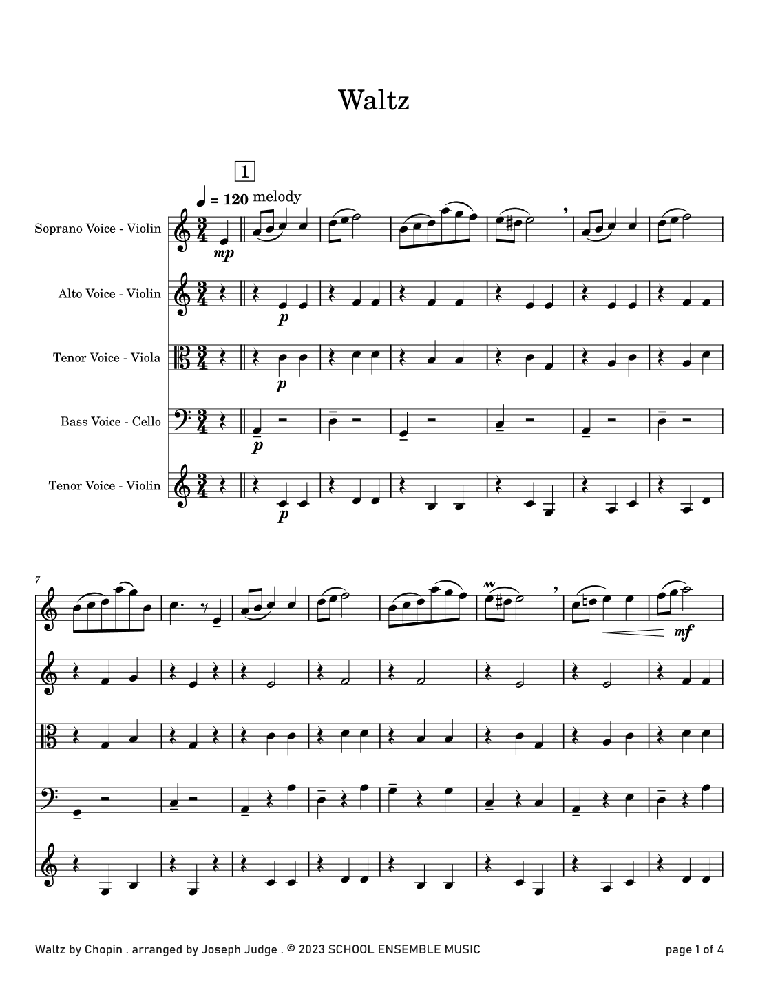 Waltz by Chopin for String Quartet in Schools (arr. Joseph Judge)