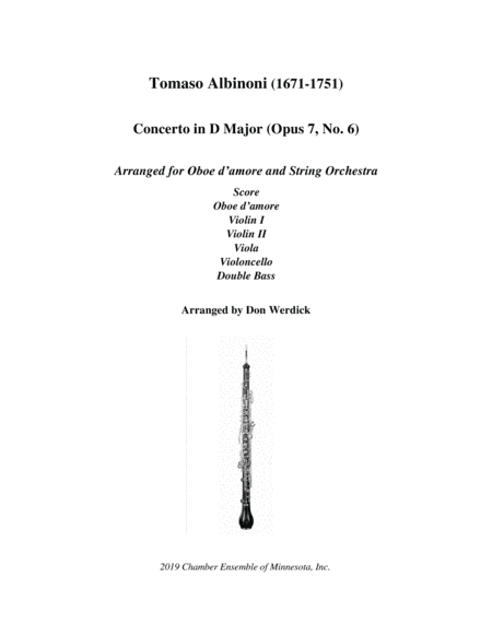 Concerto for Oboe d’amore in D Major, Op. 7 No 6 and String Orchestra (arr. Don Werdick (1946 - ))