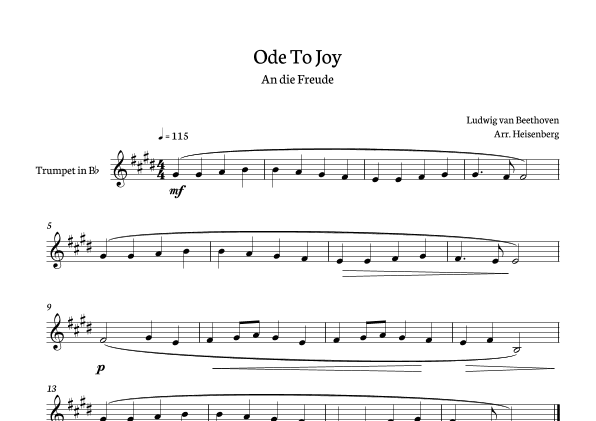 Beethoven - Ode to Joy for trumpet - clean version in D major. (arr. Heisenberg)