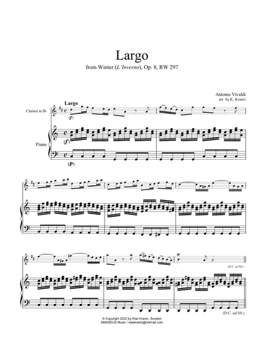 Largo from Winter (L'Inverno) for clarinet in Bb and piano (arr. K. Krantz)