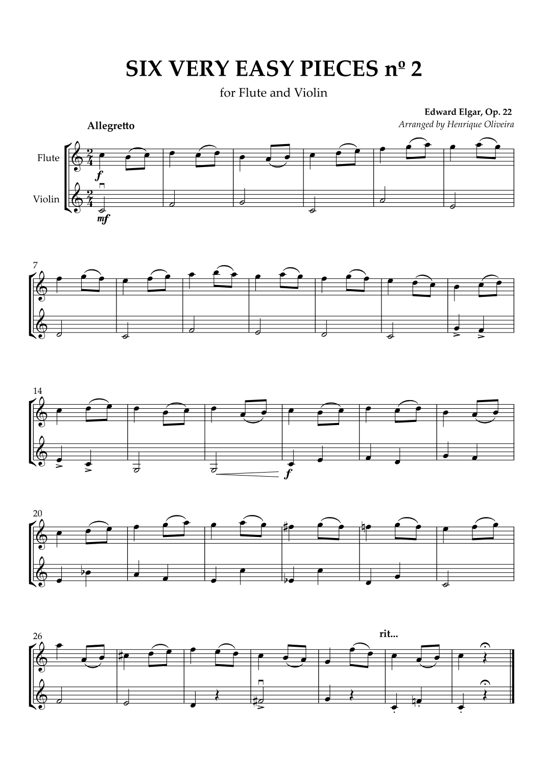 Six Very Easy Pieces nº 2 (Allegretto) - Flute and Violin (arr. Henrique Oliveira)