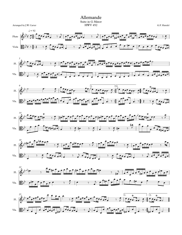 Allemande from Keyboard Suite in G Min. for Flute & Viola Duet (arr. J.W. Carter)