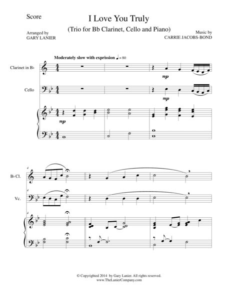 I LOVE YOU TRULY (Trio – Bb Clarinet, Cello, and Piano with Score and Parts) (arr. Gary Lanier)